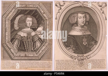 N/A. Englisch: Mariana von Österreich, Königin von Spanien (1634-1696) durch Moncornet 1659 English: Mariana von Österreich (1634-1696). 1659. Balthasar Moncornet (1600-1668) Alternative Namen Baltazar Moncornet; Balthasar Montcornet; Balthasar Moncornet Beschreibung Französische Maler und Graveur Geburtsdatum / Tod 1600 11. August 1668 Ort der Geburt / Todes Brüssel Paris arbeiten Standort Paris Aufsicht: Q 805636 VIAF: 46816612 ISNI: 0000 0001 2131 0831 ULAN: 500005345 LCCN: 98001260 GND Nr: 122180488 WorldCat 105 Anne dautriche moncornet Jeune Stockfoto