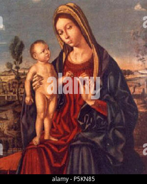 N/A. Madonna und Kind. 15. Jahrhundert. Antonello de Saliba (C. 1466 - 1535) Alternative Namen Antonio de Saliba Beschreibung Maler Geburtsdatum / Tod ca. 1466 1535 Ort der Geburt / Todes Messina Messina Arbeit Periode hohen Renaissance Arbeitsort Messina Authority control: Q 597038 VIAF: 305338492 500024094 ULAN: WGA: SALIBA, Antonio de GND: 1043783210 RKD: 2139 112 Antonello de Saliba Madonna col Bambino Messina Museo Regionale. Stockfoto