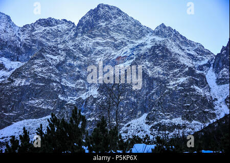 Die Tatra, im südlichen Polen. Winterlandschaft, majestätischen schneebedeckten Gipfeln mit Wald im Vordergrund Silhouette Stockfoto