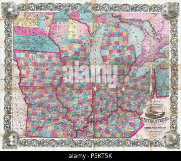 1854 Colton Pocket Karte von Ohio, Michigan, Wisconsin, Iowa, Illinois, Missouri, Indiana und Kentucky - Geographicus - WesternStates - colton-1854. Stockfoto