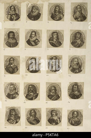 N/A. Grafik aus dem Klebeband Nr.1 der Fürstlich Waldeckschen Hofbibliothek Arolsen, S. 3 Herrscher und Feldherren im Dreißigjährigen Krieg: 1. Kaiser Matthias 2. Kaiser Ferdinand II. 3. Kaiser Ferdinand III. 4. König Gustav II. Adolf von Schweden 5. Kurfürst Friedrich V. von der Pfalz, König von Böhmen (der "winterkönig") 6. König Christian IV. von Dänemark 7. König Karl X Gustav von Schweden 8. Kurfürst Friedrich Wilhelm von Brandenburg, der "Große Kurfürst" 9. Axel Oxenstierna 10. Herzog Bernhard von Weimar 11. Herzog Albert von Friedland (Albrecht von Wallenstein) 12. Johann't S Stockfoto