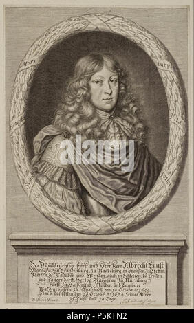 N/A. Grafik aus dem Klebeband Nr.1 der Fürstlich Waldeckschen Hofbibliothek Arolsen Motiv: Albrecht Ernst-von Brandenburg-Ansbach (1659-1674), Sohn von Albrecht II. von Brandenburg-Ansbach, Markgraf von Brandenburg-Ansbach Befehlsgewalt GND: 115883355. ca. 1674. B. Block (Pinxit), J. Sandrart (SCULPSIT) 129 Arolsen Klebeband 01 207 2 Stockfoto