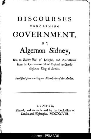 N/A. Sidney, Algernon: "iscourses über Regierung', London 1698. 1698. Algernon Sidney (1622-1683) 84 Algernon Sidney 1622-1683 Diskurse 1698 Stockfoto