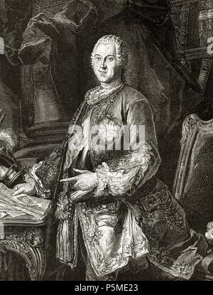 Heinrich von Brühl (1700-1763) zu zählen. Deutscher Staatsmann. Gravur der Universalgeschichte, 1885. Stockfoto