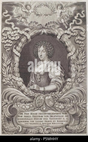 N/A. English: Grafik aus dem Klebeband Nr.2 der Fürstlich Waldeckschen Hofbibliothek Arolsen Motiv: Amalia von Degenfeld (1647 - 1683), Kammerfräulein der Prinzessin Elisabeth Charlotte von der Pfalz, Ehefrau des Freiherrn Maximilian von Degenfeld. 1683. Johann Ulrich Kraus (1655-1719) Alternative Namen Johann Ulrich Kraus, Johann Ulrich Krauss Beschreibung Deutsche Kupferstich Graveur Geburtsdatum / Tod 23. Juni 1655 vom 16. Juli 1719 Ort der Geburt / Tod Augsburg Augsburg Arbeit Standort Augsburg Authority control: Q 1291903 VIAF: 120699713 ISNI: 0000 0001 0823 6702 ULAN: 500010112 NLA: 35 Stockfoto