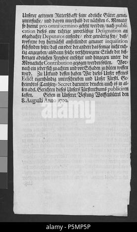 N/A. Die Ritterschaft ausschreiben. 20. September 1700. Rudolf August und Anton Ulrich, Herzöge von Braunschweig-Wolfenbüttel 152 Ausschreiben die Ritterschaft 2 Stockfoto