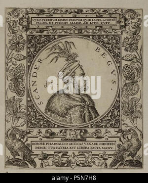 N/A. Grafik aus dem Klebeband Nr.1 der Fürstlich Waldeckschen Hofbibliothek Arolsen Abbildung aus: Georg Greblinger: Wahre Abbildungen der Türckischen Kayser vnd Persischen Fürsten/so wol auch Geschichte Helden und Heldinnen von dm Osman/biss in den Berlin Mahomet. Johann Ammon, Frankfurt 1648 Motiv: canderbegus'. 1590 s. Johann Theodor de Bry (1561-1623) Alternative Namen Jan Theodor de Bry, Jan Theodoor de Brij, Jan Theodor de Brij, Johann Theodor de Brij, Jan Theodoor de Bry Beschreibung deutsche Publisher, Grafiker und Zeichner Geburtsdatum / Tod 1561 vom 31. Januar 1623 L Stockfoto