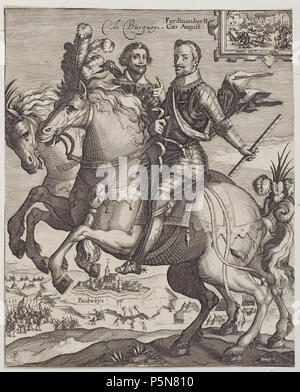N/A. Grafik aus dem Klebeband Nr.2 der Fürstlich Waldeckschen Hofbibliothek Arolsen Motiv: Kaiser Ferdinand II. und Karl Buquoy zu Pferde, im Hintergrund Belagerung von Budweis Ihr Browser kann leider keine eingebetteten Frames anzeigen rechts Szene aus dem 30 jährigen Krieg. ca. 1619 (). Unbekannt 131 Arolsen Klebeband 02 017 Stockfoto