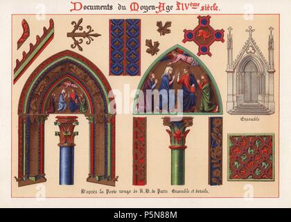 Dekorationen auf den Dom Türen der roten Tür (La Porte Rouge), Notre Dame de Paris, Gesamtansicht und Details der Spalten, Malereien, Schnitzereien, etc.. . Ernest Guillot'Ornementation des Manuscrits au Moyen-Age' (Ornamentik aus Handschriften des Mittelalters, 14. Jahrhundert), 1897, chromolithograph. Stockfoto