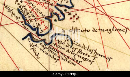 N/A. Detail einer Karte Welt der Portalan Atlas der Battista Agnese. Der dritte Name von der unteren linken sagt Campana de Roldan nach dem Flämischen sailor Roldán de Argot, der als erster den Pazifik auf der Reise von Magellan zu sehen. 1544. Battista Agnese (1500-1564) Alternative Namen Giovanni Battista Agnese Beschreibung italienische Kartograph Geburtsdatum / Tod 1500 1564 Ort der Geburt Genua Arbeitsort Venezianischen Republik Authority control: Q 612967 VIAF: 268129227 ISNI: 0000 0003 8320 9717 81089266 LCCN: n NLA: 35112164 GND: 113428391 WorldCat 177 Battista Agnese Magellanstraße Stockfoto