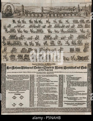 N/A. Grafik aus dem Klebeband Nr. 15 der Fürstlich Waldeckschen Hofbibliothek Arolsen Motiv: Einzug des Mainzer Erzbischofs Johann Philipp von Schönborn in Regensburg am 20. Februar 1663, Ihr Browser kann leider keine eingebetteten Frames anzeigen: Steinerne Brücke. 1663. Christoph Fischer 138 Arolsen Klebeband 15 325 Stockfoto