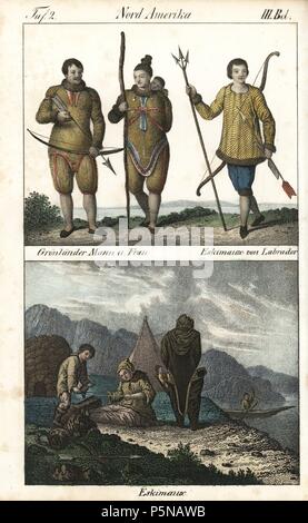 Menschen aus Grönland in Fell Kleidung mit Bogen, Pfeil und Personal, Eskimo von Labrador mit Bogen, Pfeil und Trident und eskimo Familie vor Iglu, Tipi und Kanu in Nordamerika. Papierkörbe Lithographie von Friedrich Wilhelm Goedsche's 'Vollstaendige Völkergallerie in getreuen Abbildungen' (komplette Galerie der Völker in der Wahren Bilder), Meißen, ca. 1835-1840. Goedsche (1785-1863) war ein deutscher Schriftsteller, Buchhändler und Verleger in Meißen. Viele der Illustrationen wurden von bertuch's 'Bilderbuch pelz Kinder" und anderen angepasst. Stockfoto