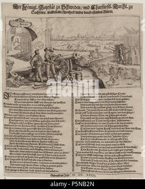 N/A. English: Grafik aus dem Klebeband Nr. 18 der Fürstlich Waldeckschen Hofbibliothek Arolsen Motiv: Kurfürst Johann Georg und König Gustav Adolf als Retter vor dem Krieg, mit Kugeln, Kanonen und Büchsen als Medizin (= der Einblattdruck empfiehlt die Beendigung des Kriegs mit militärischen Mitteln) 'Der Königl. Majestät zu Schweden/und Churfürstl. Durchl. zu Sachsen/[et] C. wolbestalte Apotheck/breiter Graben fressenden Wurm 'Bildbeschreibung im VD 17: Der schwedische König Gustav Adolf und Kurfürst Johann Georg von Sachsen stehen bei einer Kanone der Halle eines 'K.S.C.S. Apotecken' übersch Stockfoto