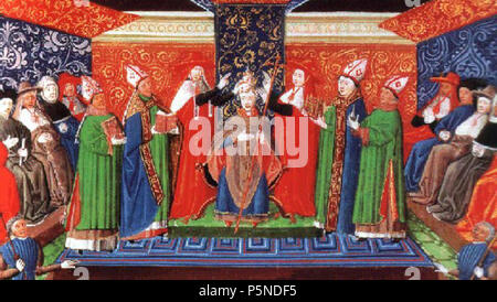 N/A. English: Krönung von Bonifatius VIII., dem zweiten Papst der römischen Linie 5/6 dem Großen Schisma (Handschrift Chronique de France von Froissart 15. Jh. - London, British Museum). 15. Jahrhundert. Aus Frankreich 158 B Bonifatius VIII 2 Cronist Stockfoto