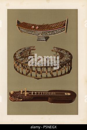 Thai harmonicons: Ranat ek und Khong Yai (Xylophone) und Ta'khay. Chromolithograph aus einer Abbildung von William Gibb von A.J. Hipkins ''Musical Instrumente, historischen, seltenen und einzigartigen "Adam und Karl Schwarz, Edinburgh, 1888. Alfred James Hipkins (1826-1903) war ein englischer Musikwissenschaftler, die in der Geschichte der Klavier und andere Instrumente spezialisiert. William Gibb war ein Meister Illustrator und chromolithographer und Illustrierte "das Königshaus von Stuart' (1890), "Naval und militärischen Trophäen' (1896) und andere. Stockfoto