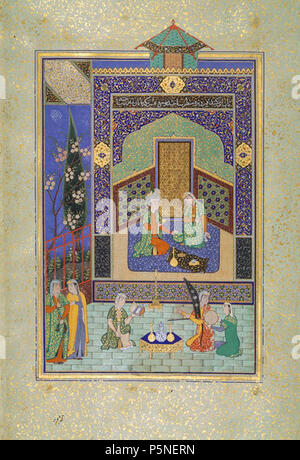 N/A. Englisch: Bahram Gur im türkisfarbenen Pavillon: Seite aus einem Manuskript der Khamsa (Quintett) von Nizami, datiert 1524 - 25; Safawidischen Afghanistan (Herat) Farben, Gold und Silber auf Papier; H. 12 5/8 in. (32,1 cm), W. 8 3/4 in. (22,2 cm) Geschenk von Alexander Smith Cochran, 1913 (13.228.7.10). 1524 - 25. Unbekannt 162 Bahram Gur im türkisfarbenen Pavillon Stockfoto