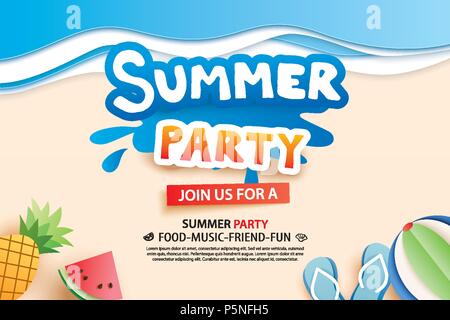 Sommer Beach Party mit Papier schneiden Symbol und das Symbol für die Einladung Hintergrund. Kunst und Handwerk Stil. Verwenden Sie für Anzeigen, Banner, Poster, Karten, Abdeckung, Aufkleber, Stock Vektor