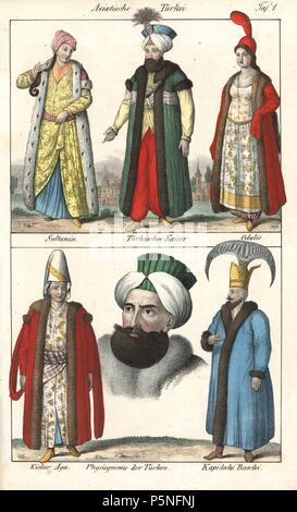 Kostüme für die Türkei, einschließlich hochrangige Höflinge: Sultan, Sultaninen, odalisque oder Zimmermädchen, Chief Black Kämmerer (kislar Aga), und ein Offizier der Sultan Gericht oder Harem Guard, Kapidschi Baschi. Papierkörbe Lithographie von Friedrich Wilhelm Goedsche's 'Vollstaendige Völkergallerie in getreuen Abbildungen' (komplette Galerie der Völker in der Wahren Bilder), Meißen, ca. 1835-1840. Goedsche (1785-1863) war ein deutscher Schriftsteller, Buchhändler und Verleger in Meißen. Viele der Illustrationen wurden von bertuch's 'Bilderbuch pelz Kinder" und anderen angepasst. Stockfoto