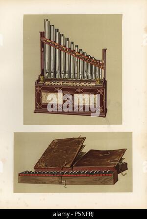 Tragbare Orgel und extrem selten Bibel Regal (Harmonium). Chromolithograph aus einer Abbildung von William Gibb von A.J. Hipkins ''Musical Instrumente, historischen, seltenen und einzigartigen "Adam und Karl Schwarz, Edinburgh, 1888. Alfred James Hipkins (1826-1903) war ein englischer Musikwissenschaftler, die in der Geschichte der Klavier und andere Instrumente spezialisiert. William Gibb war ein Meister Illustrator und chromolithographer und Illustrierte "das Königshaus von Stuart' (1890), "Naval und militärischen Trophäen' (1896) und andere. Stockfoto