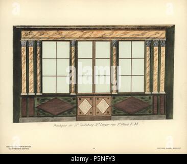 Shopfront von Monsieur Taillebosq's Stoff store, 38 Rue St. Denis, Paris, 1805. Papierkörbe Lithographie von Hector-Martin Lefuel's 'Boutiquen Parisiennes du Premier Empire," (Pariser Geschäfte des Ersten Empire), Paris, Albert Morance, 1925. Die Lithographien wurden von Aquarellen von dem französischen Architekten Hector-Martin Lefuel (1810-1880), berühmt für seine Arbeit an der Fertigstellung des Louvre und Fontainebleau. Stockfoto