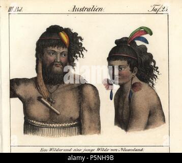 Native Maori von Neuseeland. Papierkörbe Lithographie von Friedrich Wilhelm Goedsche's 'Vollstaendige Völkergallerie in getreuen Abbildungen' (komplette Galerie der Völker in der Wahren Bilder), Meißen, ca. 1835-1840. Goedsche (1785-1863) war ein deutscher Schriftsteller, Buchhändler und Verleger in Meißen. Stockfoto