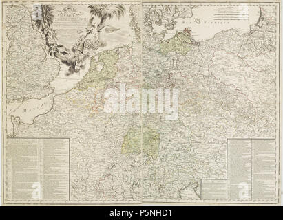 N/A. Carte d'Allemagne: Pour Servir À L'Intelligence De L'Histoire de la Guerre Entre Roys de France et d'Angleterre; Entre le Roy De Prusse et L'Impératrice Reine, L'Electeur De Saxe, L'Empire, La Suede, Et La Russie. Englisch: Große Karte auf zwei Platten aus Deutschland, Polen, den Niederlanden, in Belgien, in der nördlichen Teile von Frankreich, Luxemburg und Norditalien. In der unteren linken und rechten Ecken zwei Spalten Text über die europäischen Kriege in den Jahren 1749 und 1763. Deutsch: Karte in zwei Blättern mit Deutschland, Polen, den Niederlanden, Belgien, Frankreich, Luxemburg und Norditalien. In den recht Stockfoto