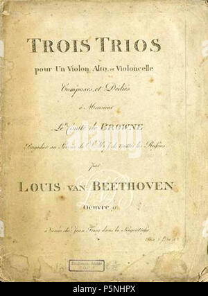 N/A. Englisch: Titelblatt der ersten Ausgabe der Partitur für Beethovens Streichtrio Op. 9, in Wien im Jahre 1799 veröffentlicht. 1798. Ludwig van Beethoven (1770-1827) 181 Beethoven Opus 9 Titel Seite Stockfoto