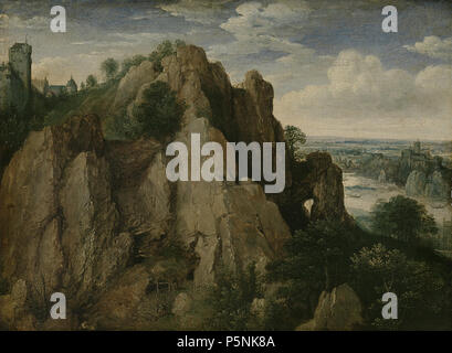 Bergige Landschaft. Bergige Landschaft. Die steilen Klippen im Vordergrund sind teilweise in den Bäumen bedeckt. Am Fuß der Klippen zwei Männer arbeiten. Auf der linken Seite eine Burg auf einem Hügel steht. Auf der rechten Seite ein Fluss fließt durch das Tal. 1582. N/A 190 Bergachtig landschap Rijksmuseum SK-A-1559 Stockfoto