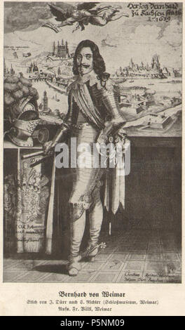 N/A. English: Kupferstich. Herzog Bernhard von Weimar, gezeichnet von Christian Richter, gestochen von Johann Dürr (Augustanus). Im Hintergrund links Würzburg mit der Feste Marienberg, dsub Breisach am Rhein. Englisch: Kupferstich. Herzog Bernhard von Sachsen-Weimar, gezeichnet von Christian Richter, gestochen von Johann Dürr (Augustanus). Hintergrund links Würzburg mit der Festung Marienberg, rechts Breisach am Rhein. 1641. Hofphotograph Fr [Anz] Vältl Weimar. 193 Bernhard von Weimar Stockfoto