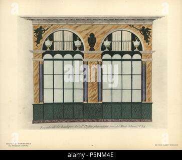 Shopfront von Monsieur Dufau der Apotheke, 34 rue du Mont-blanc, Paris, 1805. Papierkörbe Lithographie von Hector-Martin Lefuel's 'Boutiquen Parisiennes du Premier Empire," (Pariser Geschäfte des Ersten Empire), Paris, Albert Morance, 1925. Die Lithographien wurden von Aquarellen von dem französischen Architekten Hector-Martin Lefuel (1810-1880), berühmt für seine Arbeit an der Fertigstellung des Louvre und Fontainebleau. Stockfoto