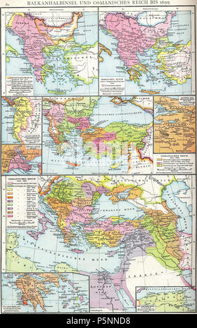 N/A. English: Balkanhalbinsel und Osmanisches Reich bis 1699 (Karte aus dem Historischen Handatlas von Gustav Droysen, 1886) Englisch: Balkanhalbinsel und Osmanischen Reich bis 1699. (Karte des historischen Atlas von Gustav Droysen, 1886). 1886. Johann Gustav Droysen (6. Juli 1808 - 19. Juni 1884) 165 Balkanhalbinsel und Osmanischen Reich bis 1699 Stockfoto