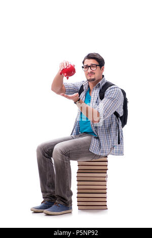 Junge Studentin auf Buch sitzen Stack auf Weiß Stockfoto