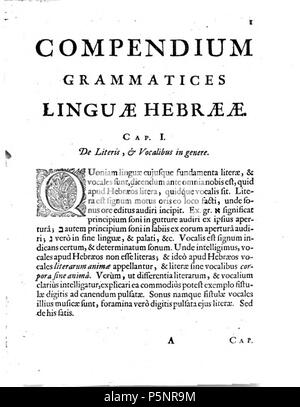 N/A. Italiano: Die erste Seite des Baruch Spinozas Kompendium grammatices hebraeae linguae vom Opera Posthuma (Amsterdam 1677). 1677. Benedictus de Spinoza (1632-1677), Jarich Jelles (Ca. 1619-1683), Lodewijk Meijer (1629-1681). 174 Baruch Spinoza, Kompendium grammatices hebraeae Linguae, erste Seite Stockfoto