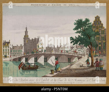 N/A. Deutsch: Beschreibung Le Pont de Doelen avec Le Rondell et la Tour de la Monnoye ein Amsterdam Voorstelling in spiegelbeeld. Gezicht op de Doelenbrug, gezien vanaf De Oude Turfmarkt 149 (Ca.) naar de Binnen Amstel en de Münzturm op het Muntplein. Gezellige dsub de ingang van de Nieuwe Doelenstraat met de voorgevel van het Rondeel op Nummer 2. Links het Muntgebouw met de Münzturm, voorheen 't Wachthuis, met daarvoor De Vijf Engelse huizen en Gezellige links de ingang van het Rokin. 30 Spitzwimpel naar een afbeelding van J. de Beyer. Techniek: Ets, handgekleurd, opticaprent. Documenttype prent Vervaar Stockfoto