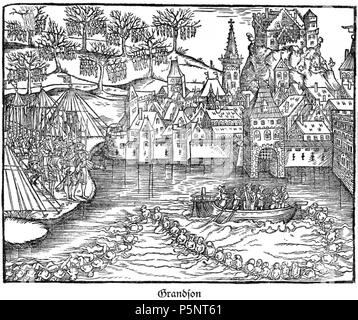 N/A. Deutsch: Die Hinrichtung der bernischen Besatzung von Enkel nach der Einnahme der Stadt durch den burgundischen Herzog Karl den Kühnen bin 28. Februar 1476. Darstellung aus der STumpf'schen Chronik. 1548. Johannes Stumpf, Upload von 184 Belagerung Enkel Stockfoto