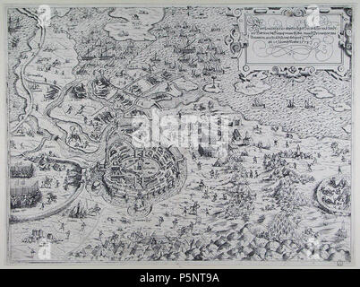 N/A. Englisch: Die Belagerung von Haarlem in 1572/1573. Radierung. Rotterdam, Museum Boijmans Van Beuningen Prentenkabinet (Inv.-Nr. BdH 15259 (PK)). Nederlands: Haarlem in Vogelvlucht. Ets. Rotterdam, prentenkabinet Museum Boijmans Van Beuningen (Inv. nr. BdH 15259 (PK)). Vom oben rechts/Gedateerd rechtsboven: 10 Junnÿ Anno 1573. Herkunft/Herkomst: 1951: vermachte der Das Museum Boijmans Van Beuningen von Dr. Bierens de Haan. zwischen 1573 und 1590. Frans Hogenberg (vor 1540 - 1590) Alternative Namen Franz Hogenberg, Frans Hogenbergh, Frans Hogenberch Beschreibung flämischen Graveur und cartog Stockfoto