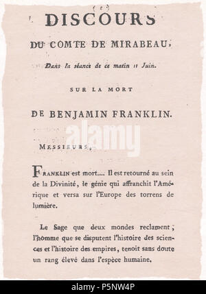 N/A. Englisch: Tod Hinweis für Benjamin Franklin. Wie folgt lautet: DISCOURS DU COMTE DE MIRABEAU, Dans la Séance de ce matin 11 Juin 2013. SUR LA MORT DE Benjamin Franklin. Messieurs, Franklin est Mort.... Il est retourné au sein de la Divinité, le génie qui affranchit l'In et umgekehrt l'Europe des torrens de Lumière sur. Le Sage que deux mondes zu respektieren; l'homme que se disputent l'histoire des sciences et l'histoire des Empires, tenoit Sans Doute un Rang élevé dans l'espèce humaine. Français: Discours du Comte de Mirabeau au Cours de la Séance du 11 Juin 1790 sur la mort de Benjamin Frankli Stockfoto