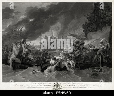 N/A. Die Schlacht bei La Hogue, wahrscheinlich zeigen die Ereignisse des 24. Mai 1692, als die britischen Matrosen ruderten in und torched den französischen Schiffe. Für das Recht der Herr Grosvenor, der anscheinend die Malerei den Auftrag für diese basierend auf ist. 18. November 1781. William Woollett (1735 - 1785) Alternative Namen William Woolett; William Woollett; Woollett; Woollet; Woolett Beschreibung Englisch Graveur Geburtsdatum / Tod 15. August 1735 23. Mai 1785 Ort der Geburt / Todes Maidstone London Arbeiten Standort London Authority control: Q 8020568 VIAF: 21213404 ISNI: 0000 0000 6704 595 X ULA Stockfoto