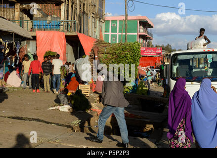 Äthiopien, Oromia, Alem Maya, kauen Droge khat Markt, somalischen Frauen frisch geerntete khat Blätter auf der Straße verkaufen, das Kat in den umliegenden Dörfern angebaut wird/AETHIOPIEN, Oromia, Alem Maya, Markt fuer sterben Kaudroge Khat, sterben in den umliegenden Doerfern angebaut wird, somalischen Frauen verkaufen frisch geerntete Kat Blaetter Stockfoto