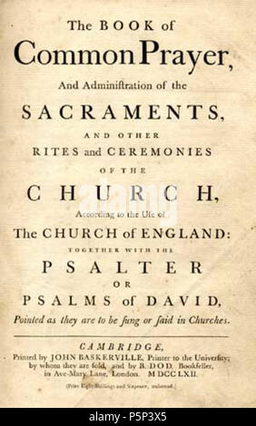 N/A. Titelblatt des 1662 Gebetbuch, von John Baskerville im Jahre 1762 gedruckt. Titel Seite im Jahre 1662 veröffentlicht. Diese Datei fehlt, Informationen zum Autor. 222 Buch des gemeinsamen Gebets 1662 Stockfoto