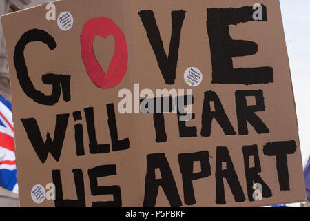 Die Abstimmung März, London, UK, 23. Juni 2018. Banner: Gove wird uns zerreißen (Verweis auf die Joy Division Liebe uns zerreißen). Stockfoto