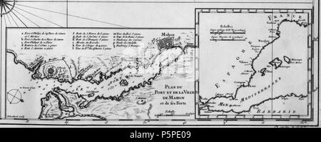 N/A. Englisch: Dual-Card den spanischen und französischen Küsten mit der Balearischen Inseln und einen Plan für die Bucht von Mahon auf Menorca. 1740 Français: Double carte de Côtes espagnoles et françaises avec l'Archipel des Baléares et un Plan de la Baie de Mahon sur Minorque. 1740. 1740. Jacques-Nicolas Bellin (1703-1772) 278 Carte de Baleares de la Baie de Mahon et du Fort Saint Philippe de 1740 Stockfoto