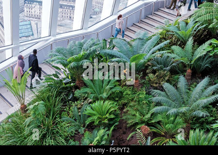 Pflanzen & Laub auf der Sky Garden, 20 Fenchurch St. wie die Walkie Talkie bekannt. Die Menschen auf der Treppe. Fenster mit Blick auf London. Horizontale. Stockfoto