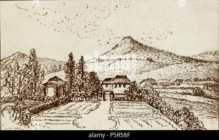 N/A. English: Blick aus Knebels Stube in Jena. Federzeichnung in Sepia Goethe April 1810. Ein Blatt aus der von dem alten Goethe selbst zusammengestellten Mappe von Reisezeichnungen des Jahres 1810, in der er zum letzten Male seine, wie er selbst sich ausdrückt, "Zeichnungsfähigkeit" erprobte. Blatt 5 (206 x 345 mm), 22 Blätter. NFG/GNM Corp. IVa, 281 Englisch: Der Blick aus dem Fenster der Knebel's House in Jena. Blatt 5 (206 x 345 mm) Der 22 Blätter. . April 1810. Johann Wolfgang von Goethe 210 BlickAusKnebelsStubeInJenaZeichnungVonGoetheS 1810 S185 Stockfoto