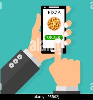 Hand mit Pizza auf dem Bildschirm smartphone. Um Fast food Konzept. Flache Vector Illustration. Stock Vektor
