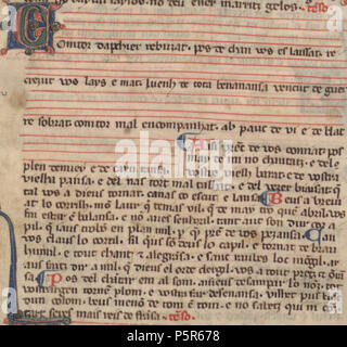 N/A. Français: Tenson de Torcafol à Son rival Garin d'Apchier dans un chansonnier Provençal (Chansonnier La Vallière): Comtor d'Apchier rebuzat, Pos del Chan vos Es laissat, recrezut vos Lais e Matte, Loing de Tota benanansa, vencut de guerr' e sobrat, comtor Mals encompanhat, ab pauc de Vi e de Blat, plen d'enoi e de Carn ransa. Aisi prenc de Vos comjat, pos Mai de mi keine chantat, e del vostre vielh Barat, e de Vostra vielha Pansa, e del nas unerlaubter Handlung, mal talhat, e del Vezér biaisat, que tal vos ein Dieus tornat c'anas Co escut e lansa. · Uns eine breviat Lo corril Mon Stockfoto