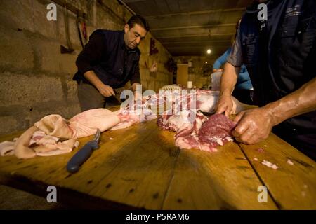 Troceado y preparacion, Esperanza del Cerdo. Algaida. Comarca de Es Pla. Mallorca Balearen. Spanien. Stockfoto