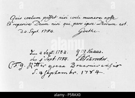 N/A. English: Brockenfremdenbuch mit Goethes Eintrag vom 4. September 1784. Darunter sterben Waden Reisegefährten Georg Melchior Kraus. 4. September 1784. Johann Wolfgang von Goethe und Georg Melchior Kraus 238 BrockenbuchMitGoethesEintragS 95 Stockfoto