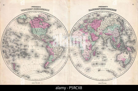 1862 Johnson Karte der Welt auf der Hemisphäre Projektion - Geographicus - WorldHemi - Johnson-1862. Stockfoto