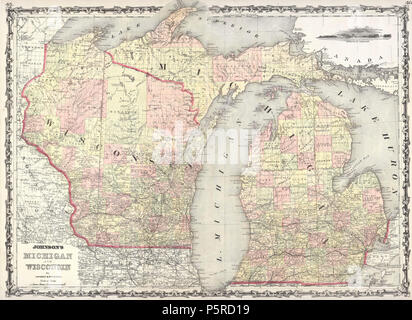 1862 Johnson Karte von Wisconsin und Michigan - Geographicus - MIWI-j-62. Stockfoto